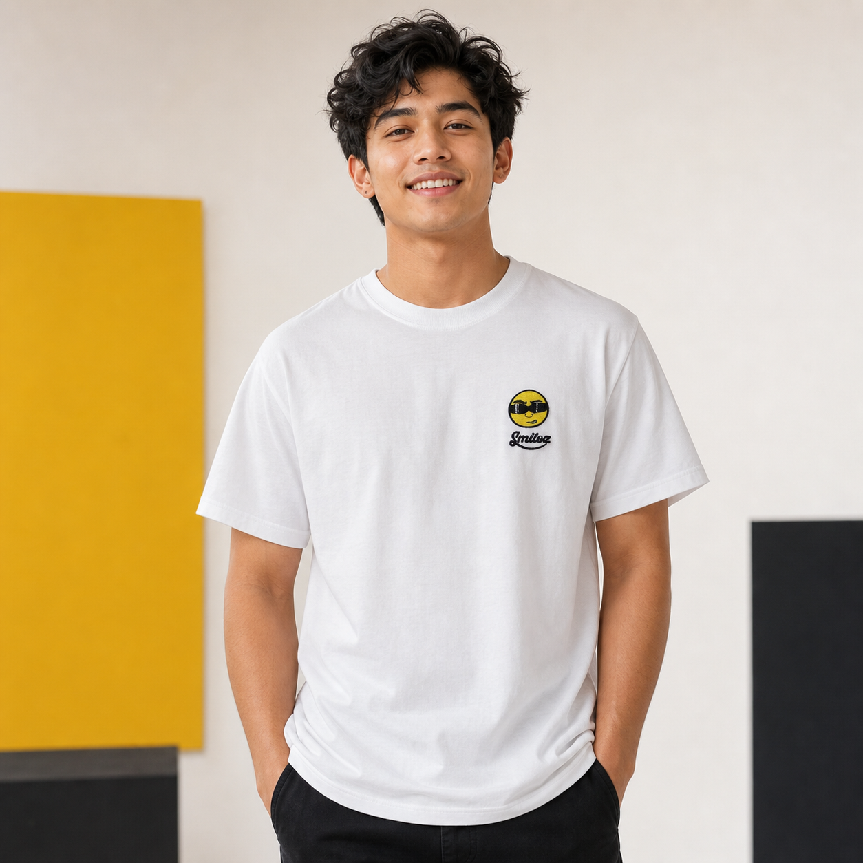 South Asian young adult model wearing the white Cooleo character T-shirt