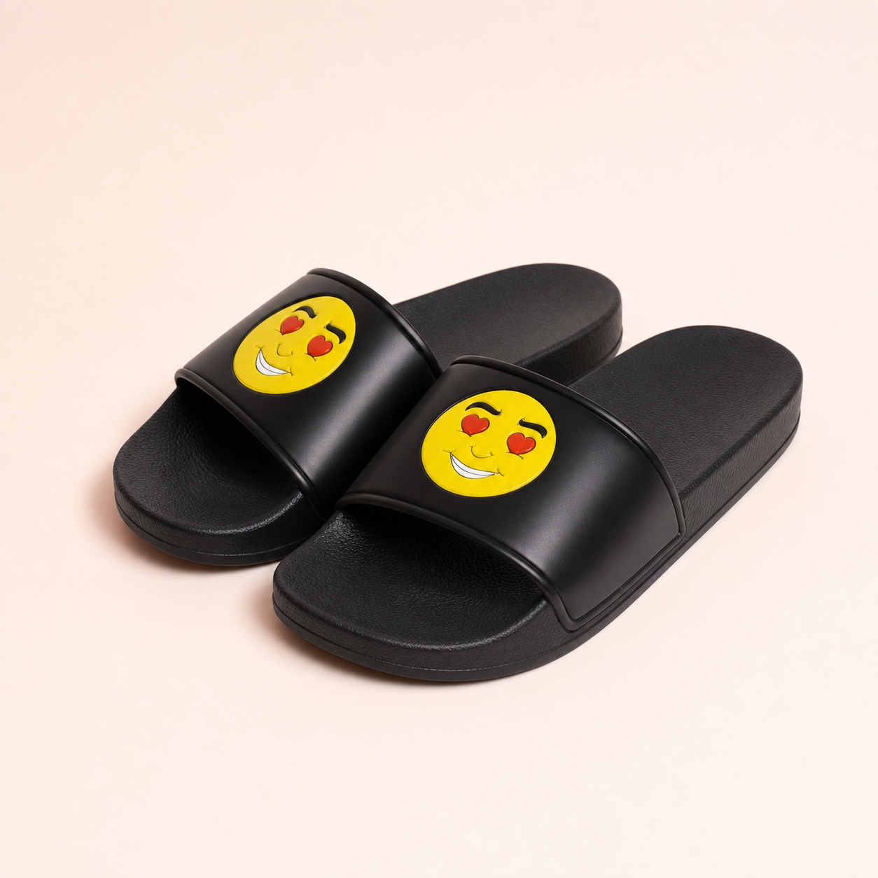 Smiloz Amore black sliders with heart-eyes character