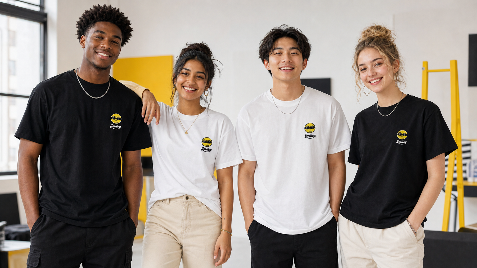 Diverse young adults wearing black and white Smiloz T-shirts